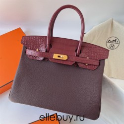 Hermes Hermès Birkin 30cm Touch Togo Calfskin Fog Crocodile Patch 0G Saddle Red Waxed Thread Gold Hardware Out of Stock Hand-Stitched