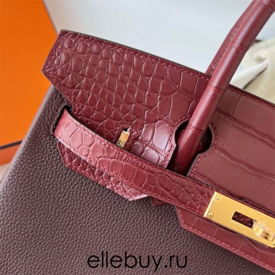 Hermes Hermès Birkin 30cm Touch Togo Calfskin Fog Crocodile Patch 0G Saddle Red Waxed Thread Gold Hardware Out of Stock Hand-Stitched