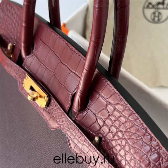 Hermes Hermès Birkin 30cm Touch Togo Calfskin Fog Crocodile Patch 0G Saddle Red Waxed Thread Gold Hardware Out of Stock Hand-Stitched