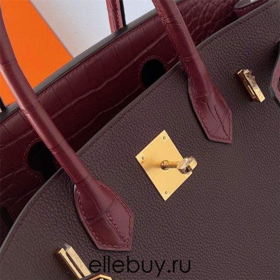 Hermes Hermès Birkin 30cm Touch Togo Calfskin Fog Crocodile Patch 0G Saddle Red Waxed Thread Gold Hardware Out of Stock Hand-Stitched