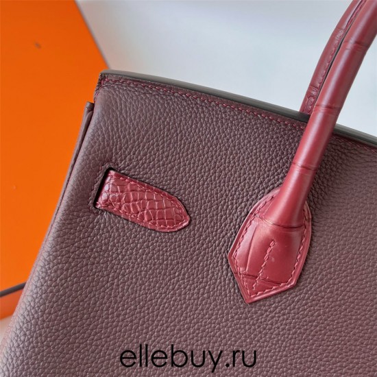 Hermes Hermès Birkin 30cm Touch Togo Calfskin Fog Crocodile Patch 0G Saddle Red Waxed Thread Gold Hardware Out of Stock Hand-Stitched