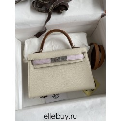 Hermes Hermès Mini Kelly 19cm Imported Epsom Leather Milk White with Dreamy Pink Purple and Golden Brown Accents Silver Hardware Hand-Stitched