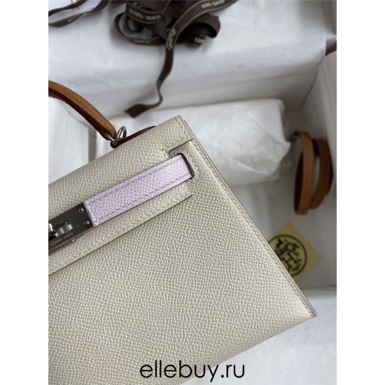 Hermes Hermès Mini Kelly 19cm Imported Epsom Leather Milk White with Dreamy Pink Purple and Golden Brown Accents Silver Hardware Hand-Stitched