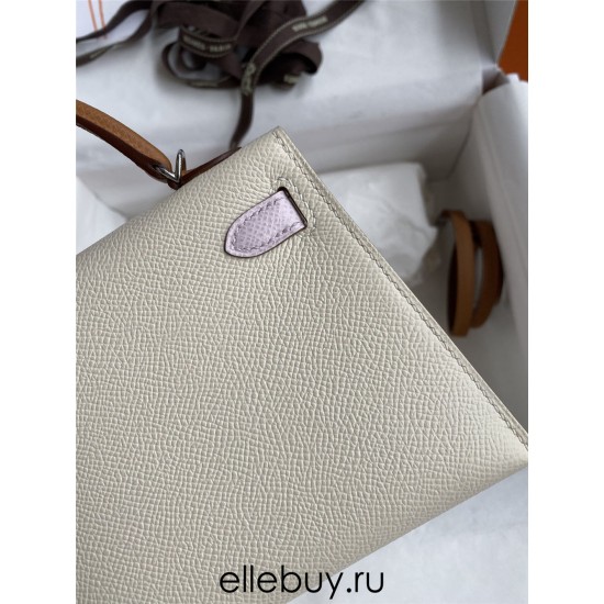 Hermes Hermès Mini Kelly 19cm Imported Epsom Leather Milk White with Dreamy Pink Purple and Golden Brown Accents Silver Hardware Hand-Stitched