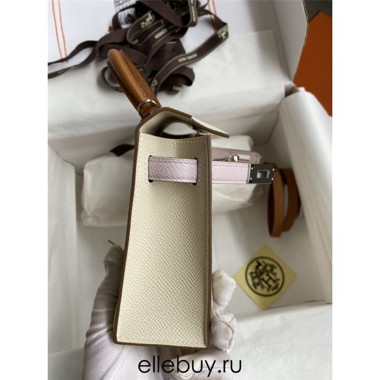 Hermes Hermès Mini Kelly 19cm Imported Epsom Leather Milk White with Dreamy Pink Purple and Golden Brown Accents Silver Hardware Hand-Stitched