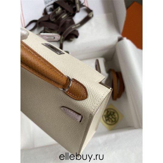 Hermes Hermès Mini Kelly 19cm Imported Epsom Leather Milk White with Dreamy Pink Purple and Golden Brown Accents Silver Hardware Hand-Stitched