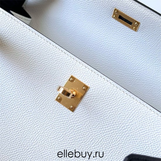 Hermes Hermès Kelly 25cm Epsom 01 Pure White with Ck89 Black Waxed Thread Gold Hardware Hand-Stitched