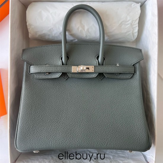 Hermes Hermès Birkin 25cm Togo Cc63 Apricot Green Waxed Thread Silver Hardware Hand-Stitched