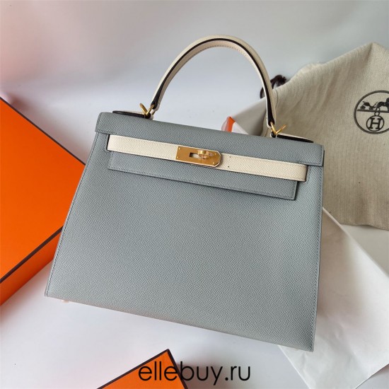 Hermes Hermès Kelly 28cm Epsom 8U Glacier Blue with I2 Cream White Waxed Thread Satin Gold Hardware Hand-Stitched