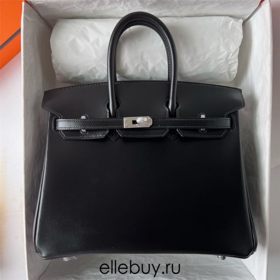 Hermes Hermès Birkin 25cm Box Leather Ck89 Black Waxed Thread Silver Hardware Hand-Stitched