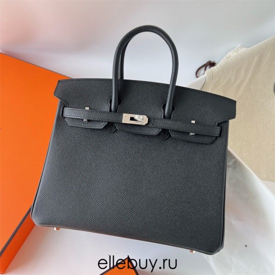 Hermes Hermès Birkin 25cm Epsom Ck89 Black Waxed Thread Silver Hardware Hand-Stitched