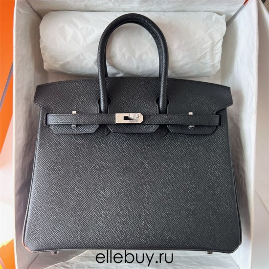 Hermes Hermès Birkin 25cm Epsom Ck89 Black Waxed Thread Silver Hardware Hand-Stitched