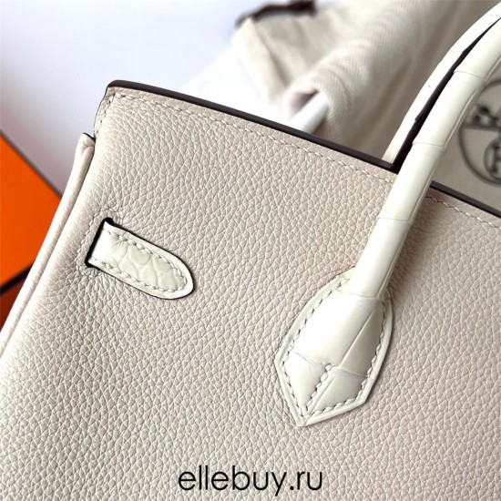 Hermes Hermès Birkin 25cm Touch Togo Calfskin Glossy Nile Crocodile Patch Ck10 Milk White Waxed Thread Silver Hardware Out of Stock Hand-Stitched