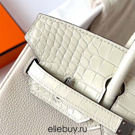 Hermes Hermès Birkin 25cm Touch Togo Calfskin Glossy Nile Crocodile Patch Ck10 Milk White Waxed Thread Silver Hardware Out of Stock Hand-Stitched