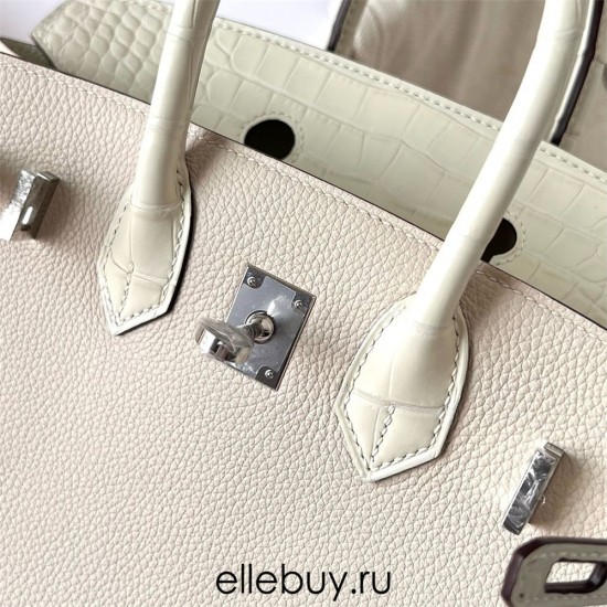 Hermes Hermès Birkin 25cm Touch Togo Calfskin Glossy Nile Crocodile Patch Ck10 Milk White Waxed Thread Silver Hardware Out of Stock Hand-Stitched