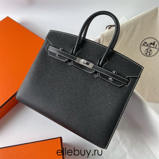 Hermes Hermès Birkin 25cm Sellier External Stitching Epsom Ck89 Black Waxed Thread Silver Hardware Hand-Stitched