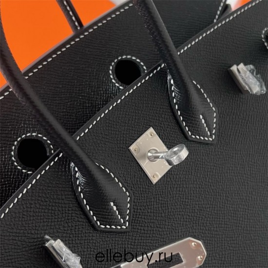 Hermes Hermès Birkin 25cm Sellier External Stitching Epsom Ck89 Black Waxed Thread Silver Hardware Hand-Stitched