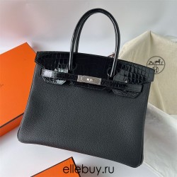 Hermes Hermès Birkin 30cm Touch Togo Calfskin Glossy Surface Mississippi Alligator Ck89 Black Waxed Thread Silver Hardware Out of Stock Hand-Stitched