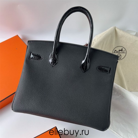 Hermes Hermès Birkin 30cm Touch Togo Calfskin Glossy Surface Mississippi Alligator Ck89 Black Waxed Thread Silver Hardware Out of Stock Hand-Stitched