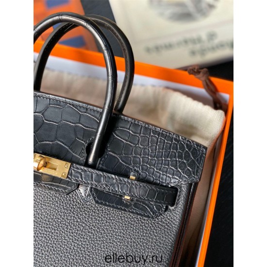 Hermes Hermès Birkin 25cm Touch Full Hand-Stitched: Glossy Crocodile Black Gold Hardware Out of Stock Hand-Stitched