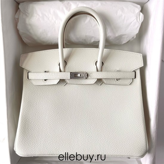 Hermes Hermès Birkin 25cm Togo 0T Mushroom White Waxed Thread Silver Hardware Hand-Stitched