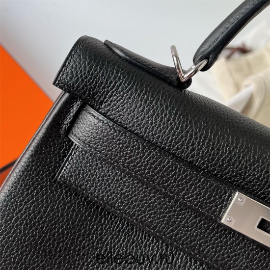 Hermes Hermès Kelly 25cm Togo Ck89 Black Waxed Thread Silver Hardware Hand-Stitched