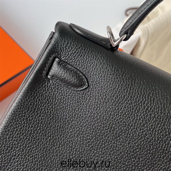 Hermes Hermès Kelly 25cm Togo Ck89 Black Waxed Thread Silver Hardware Hand-Stitched