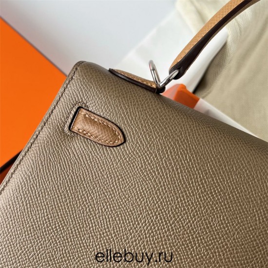 Hermes Hermès Kelly 25cm Triple Color Ck18 Elephant Grey/3G Chestnut/2S Sesame Waxed Thread Silver Hardware Hand-Stitched