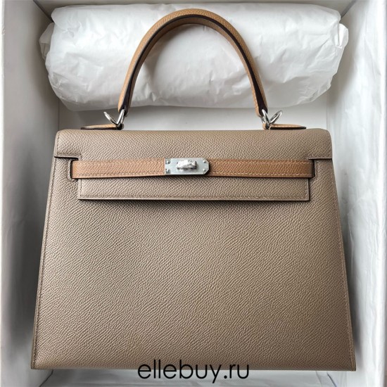 Hermes Hermès Kelly 25cm Triple Color Ck18 Elephant Grey/3G Chestnut/2S Sesame Waxed Thread Silver Hardware Hand-Stitched