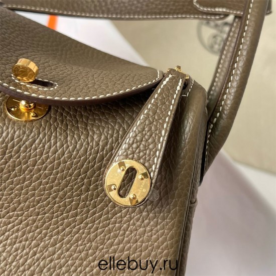 Hermes Hermès Mini Lindy 20cm Clemence Original Factory Leather Ck18 Elephant Grey Waxed Thread Gold Hardware Hand-Stitched