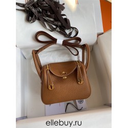 Hermes Hermès Mini Lindy 19cm Imported Taurillon Clemence Leather Gold Brown Gold Hardware Hand-Stitched