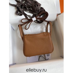 Hermes Hermès Mini Lindy 19cm Imported Taurillon Clemence Leather Gold Brown Gold Hardware Hand-Stitched