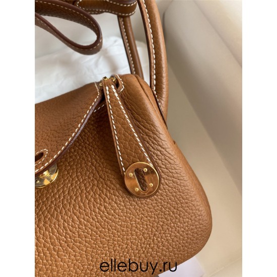 Hermes Hermès Mini Lindy 19cm Imported Taurillon Clemence Leather Gold Brown Gold Hardware Hand-Stitched