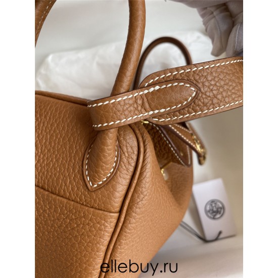 Hermes Hermès Mini Lindy 19cm Imported Taurillon Clemence Leather Gold Brown Gold Hardware Hand-Stitched