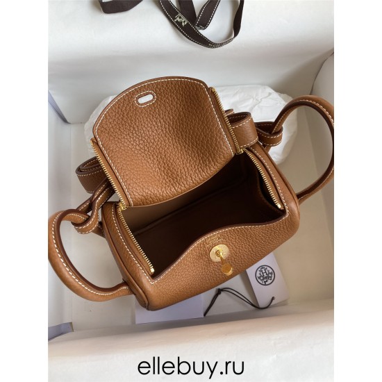 Hermes Hermès Mini Lindy 19cm Imported Taurillon Clemence Leather Gold Brown Gold Hardware Hand-Stitched