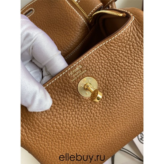 Hermes Hermès Mini Lindy 19cm Imported Taurillon Clemence Leather Gold Brown Gold Hardware Hand-Stitched