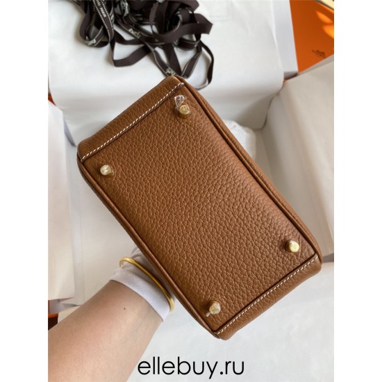 Hermes Hermès Mini Lindy 19cm Imported Taurillon Clemence Leather Gold Brown Gold Hardware Hand-Stitched