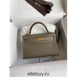 Hermes Hermès Mini Kelly 19cm Imported Epsom Leather Elephant Grey Inner Stitching Milk Tea Pink Gold Hardware Hand-Stitched