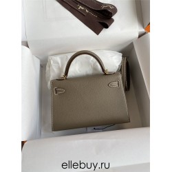 Hermes Hermès Mini Kelly 19cm Imported Epsom Leather Elephant Grey Inner Stitching Milk Tea Pink Gold Hardware Hand-Stitched