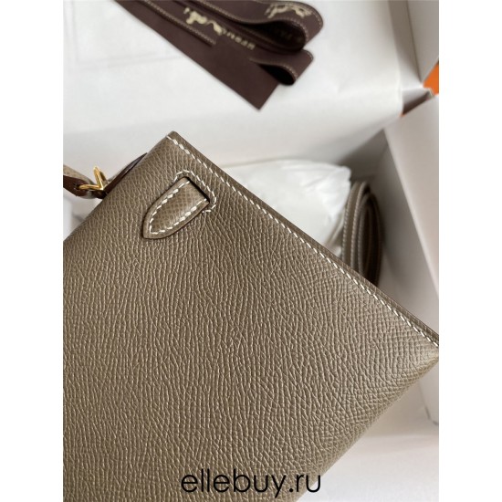 Hermes Hermès Mini Kelly 19cm Imported Epsom Leather Elephant Grey Inner Stitching Milk Tea Pink Gold Hardware Hand-Stitched