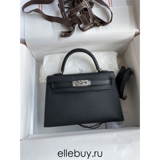 Hermes Hermès Mini Kelly 19cm Imported Epsom Leather Black Silver Hardware Hand-Stitched