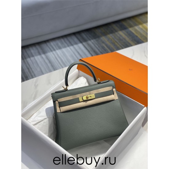 Hermes Hermès Kelly 25 Togo Grey Blue Gold Hardware Hand-Stitched