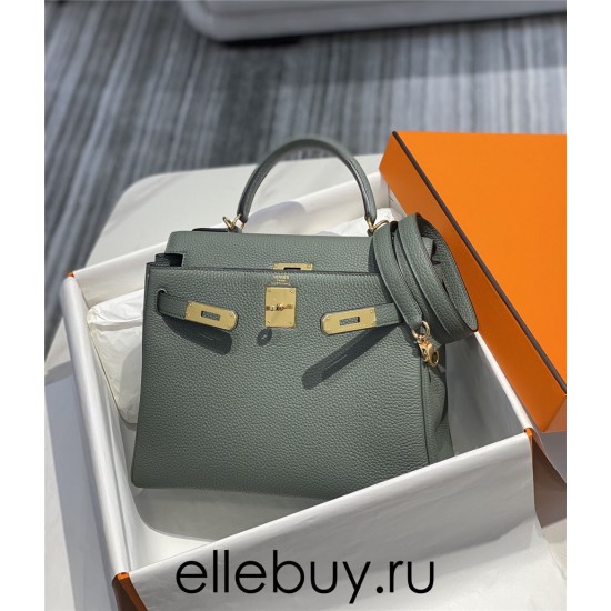 Hermes Hermès Kelly 25 Togo Grey Blue Gold Hardware Hand-Stitched