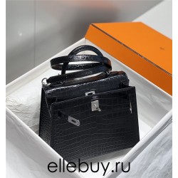 Hermes Hermès Kelly 25 Crocodile Skin Pattern Lambskin Inside Black Silver Hardware Hand-Stitched