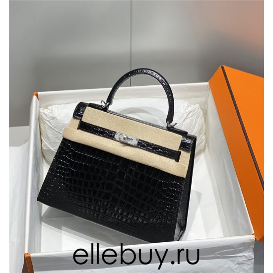 Hermes Hermès Kelly 25 Crocodile Skin Pattern Lambskin Inside Black Silver Hardware Hand-Stitched