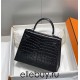 Hermes Hermès Kelly 25 Crocodile Skin Pattern Lambskin Inside Black Silver Hardware Hand-Stitched