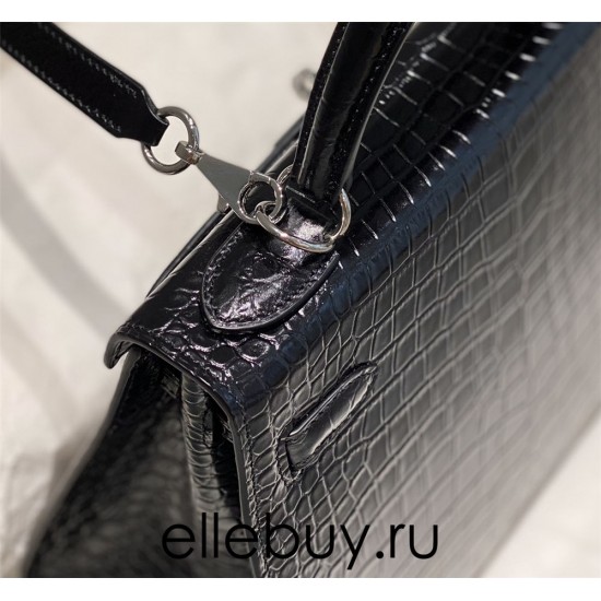 Hermes Hermès Kelly 25 Crocodile Skin Pattern Lambskin Inside Black Silver Hardware Hand-Stitched