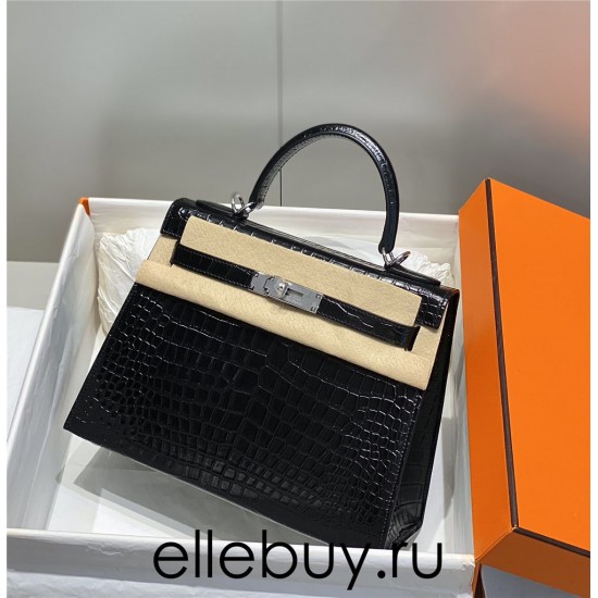 Hermes Hermès Kelly 28 Crocodile Skin Pattern Lambskin Inside Black Silver Hardware Hand-Stitched