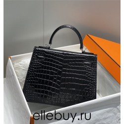 Hermes Hermès Kelly 28 Crocodile Skin Pattern Lambskin Inside Black Silver Hardware Hand-Stitched