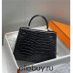 Hermes Hermès Kelly 28 Crocodile Skin Pattern Lambskin Inside Black Silver Hardware Hand-Stitched